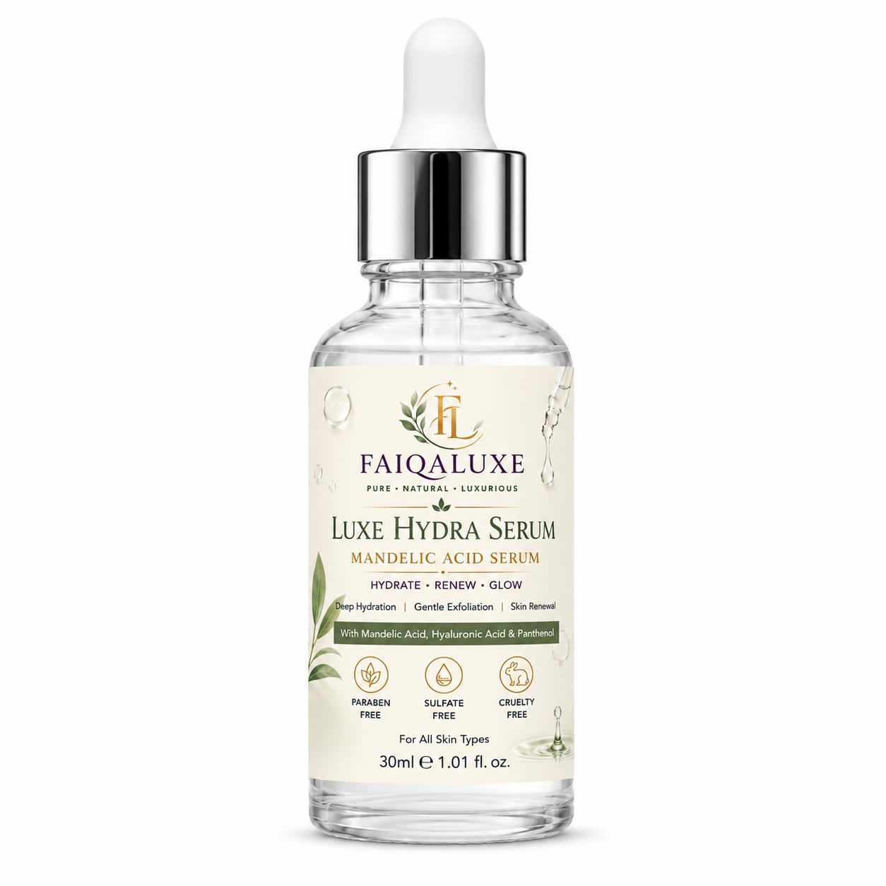 FaiqaLuxe Luxe Hydra Serum 30ml with Mandelic Acid Hyaluronic Acid and Panthenol